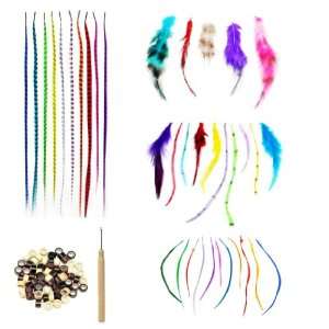 Feather Hair Extension Kit, 100pc Set, including Feathers, Hook, Beads 