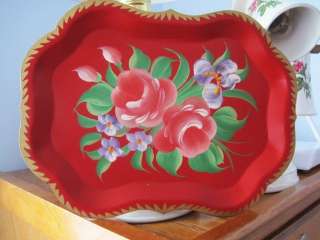 Vintage Best Hand Painted Country Flowers Farmhouse Red Chippendale 