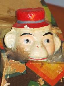 Antique Papier Mache Monkey Jack in the Wooden Box Toy  