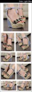 Fashion Women Shoes Coir Mary Jane Summer Stripe Platform Wedge High 