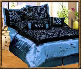  Blue Flocking Zebra Pattern Bedding Comforter Set King Size  