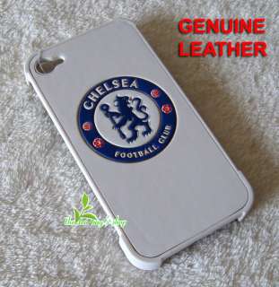 CHELSEA FOOTBALL FC *Genuine LEATHER WHITE iPhone 4 4S BACK CASE COVER 