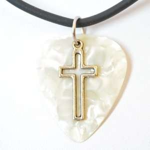 Guitar Pick Necklace with Open Cross Symbol Charm on Ivory Guitar Pick 