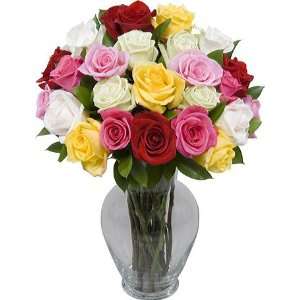 Two Dozen Long Stem Assorted Roses with Hourglass Vase  