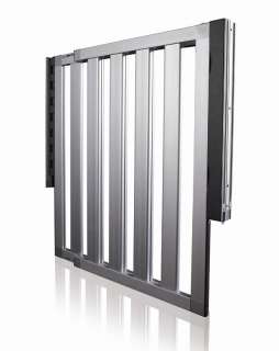 This gate features a durable aluminum design and can be easily secured 