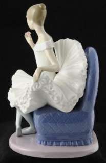 NAO Lladro Ballerina Figurine Holding Pink Rose Seated on Blue Chair 9 