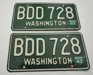 1962 Tab Washington State License Plate Set BDD 728  