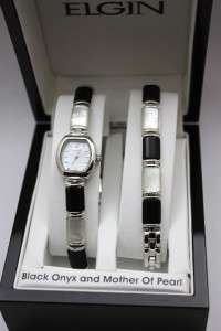New Elgin Black Onyx And Mother Of Pearl Women Bracelet Watch Set 19mm 