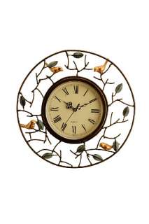  round wall mount clock is accented with gold birds and verdi green 