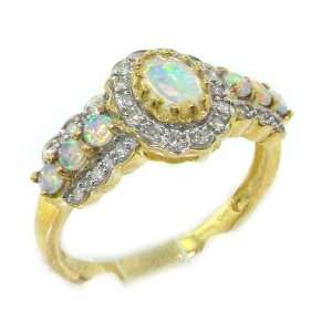 Luxury 9K Yellow Gold Womens Colorful Fiery Opal & Diamond Ring   Size 