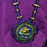 Bead Embroidered Abalone Pendant Pearl Necklace LOVELY  
