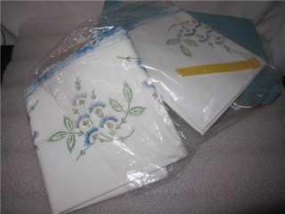 VINTAGE PILLOWCASES GORGEOUS HAND EMBROIDERY BLUE FLORAL CROCHETED 