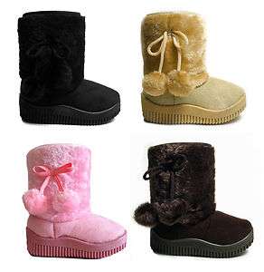  BABY TODDLER GIRLS FAUX FUR COVERED FUZZY BOOTS W/ POM POMS SIZES 4 12