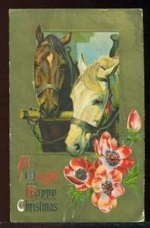 1910 A BRIGHT and HAPPY CHRISTMAS Horses Bay White Poppies Vintage 