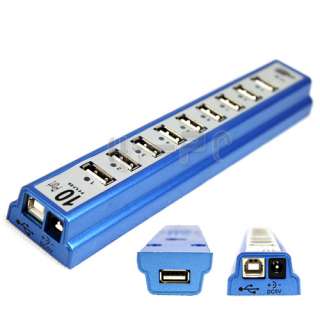 New 10 Ports USB HUB 2.0 High Speed with Power Adapter Blue  