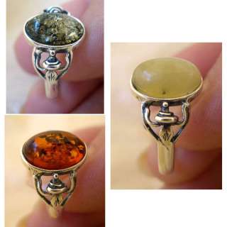   , GREEN or HONEY AMBER & STERLING SILVER RING VARIOUS SIZES  