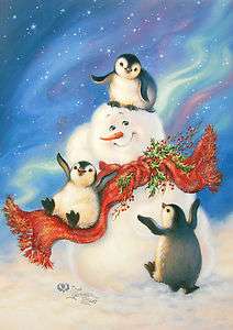 Dona Gelsinger Snowman Penguins Northern Lights Christmas Greeting 