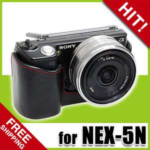   Leather Camera Half Case Bag HC N5N (Black/Red) for SONY NEX 5N  