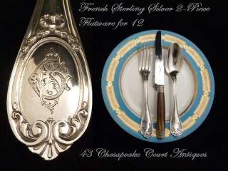 Antique French Sterling Silver Flatware Service 2 Piece for 12 Circa 