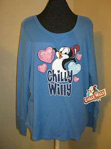 new blue Chilly Willy hearts thermal style tee long sleeves xxl 