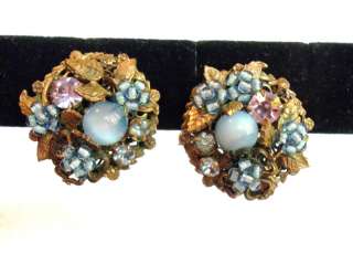 Vintage Miriam Haskell Floral Design Blue Glass Earrings Estate 