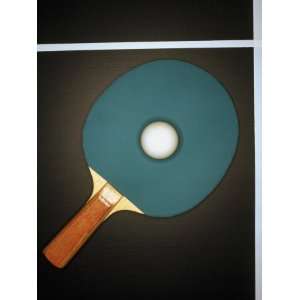 Table Tennis Racquet and Ball on Table, Overhead View 