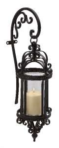   Dempsey Hanging Wall Candle Lantern with Wrought Iron and Glass Frame