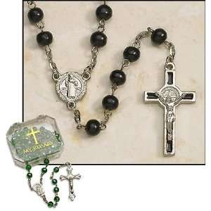 Catholic Saint Benedict Rosary, 6 mm Wood Bead/Enamel/Silver Plate 